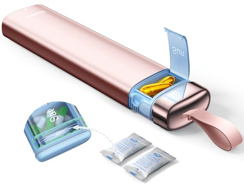 VAYDEER Pastillero 7 Días con Asa y Compartimento Desecante, Oro rosa | Carcasa metálica y compartimento desecante para guardar pastillas y suplementos en casa o de viaje