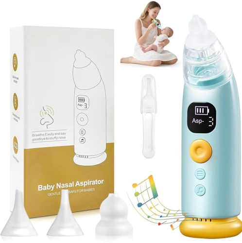 Nasensauger Baby, 65 kPa Hohe Saugleistung Nasensauger Baby Elektrisch mit 3 Saugstärken Musik & Licht Funktion Und 3 Größen Silikon Tipps, Geeignet für Neugeborene, Baby und Kinder