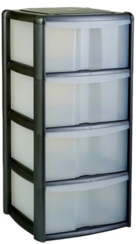 Wilko Storage Drawer Tower Unit, Plastic, Black, 38.5x39.5x81 cm, 4 Drawers
