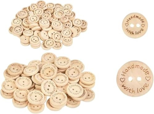 100pcs Wooden Buttons for Baby Cardigans - 2 Sizes Wood Buttons, Handmade Button for Sewing with Love Button for Kids DIY Sewing Craft Decorations(15mm *50 & 20mm*50 Pack)