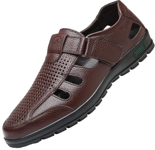 Sandali estivi da uomo in pelle traspirante casual punta chiusa comode scarpe da passeggio abito leggero antiscivolo suola morbida piatta, Marrone, 43 1/3 EU