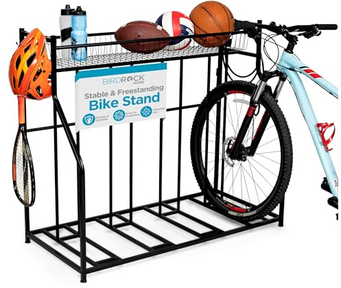 BIRDROCK HOME Bike Rack Garage Storage Floor Stand - Freestanding Organizer for Outdoor Yard - Upright Wall Mount for Scooters, Rakes, Motorcycles, Hoverboards, Gloves - Holds 4 Bicycle - Black