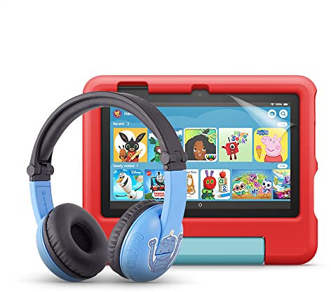 Fire 7 Kids tablet (32 GB, Red) + BuddyPhones (Blue) + NuPro transparent screen protector (2-pack)