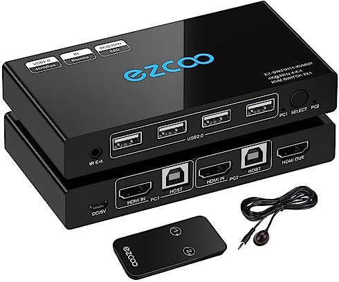 Conmutador KVM HDMI de 2 puertos 4K a 30Hz KVM Switch para 2 computadoras, teclado compartido, mouse y un monitor, 2 cables KVM HDMI