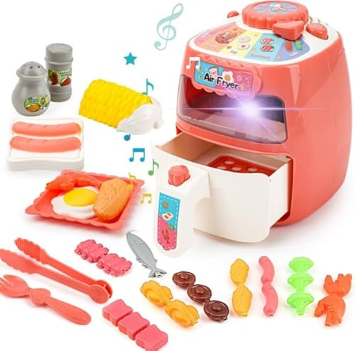 deAO Toy Air Fryer for Kids,19PCS Kitchen Playset Toy with Sounds and Lights Role Playing Game,Color Changing Play Foods Pretend Food and Cooking Playset for Boys Girls Toddlers…