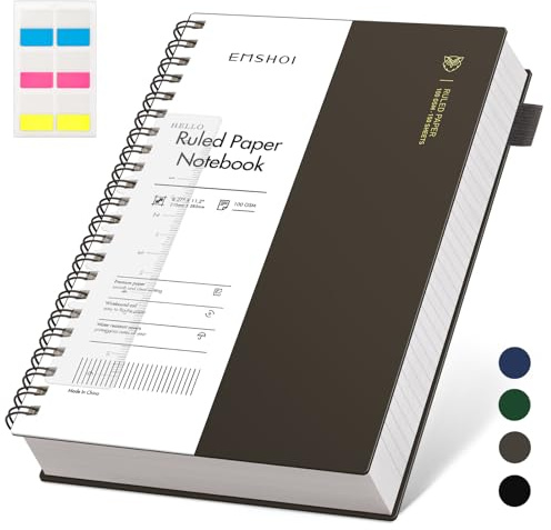EMSHOI A4 Notebook College Ruled, Spiral Notepad 150 Sheets/300 Pages, 100gsm, PVC Cover, Sticky Notes, Pocket, Pen Loop, Ruler, Bookmark, Lined Journal for Women Men Writing, 21.5x27.9cm, Coffee