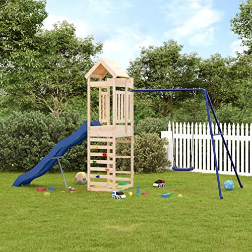 Set da Gioco per Esterno in Legno Massello di Pino, Torre con Scivolo Ondulato, Altalena Singola, Piattaforma 118 cm, PP e Metallo, 407 x 185 x 239 cm, per Bambini 3-8 Anni