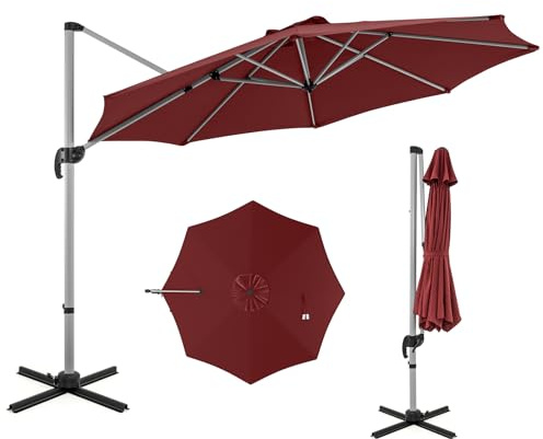RELAX4LIFE Parasol Déporté avec Pied, Aluminium Extérieur Rotatif 360° Inclinable Base Croisée Double Toit Marché Jardin (Rouge)