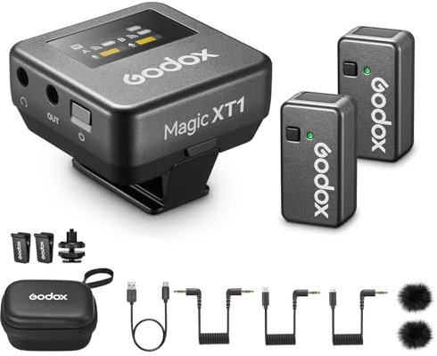 GODOX Magic XT1 2.4G Wireless Microphone with Noise Reduction Compatible with Camera Smartphone/USB-C/Lightning, Touchscreen Receiver 2 Microphones, for Vlogging, Live Streaming