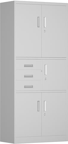 SUPEER Aktenschrank,Metallschrank mit DREI SchubladenLagerschränke,Stahlblech Pulverbeschichtung,Stahlschrank für Werkzeuge, Büro,180 x 80 x 40 cm（Weiß