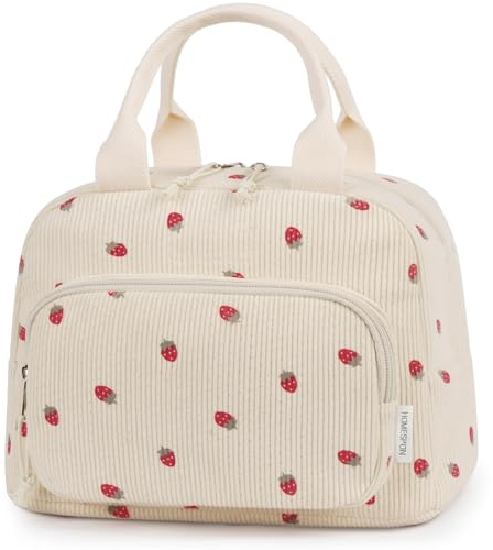 HOMESPON Insulated Lunch Bag for Women Men Adult Cute Corduroy Cool Bag Lunch Box Container Large Capacity Lunch Tote for Work School or Picnic(Beige Strawberries)