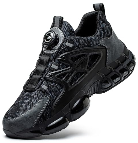 TBNOI Chaussures de Sécurité Hommes Femme Légère Basket de Securite Respirante Confortable Chaussures de Travail Embout Acier Protection Coussin d'air U66/Noir-Gris 41