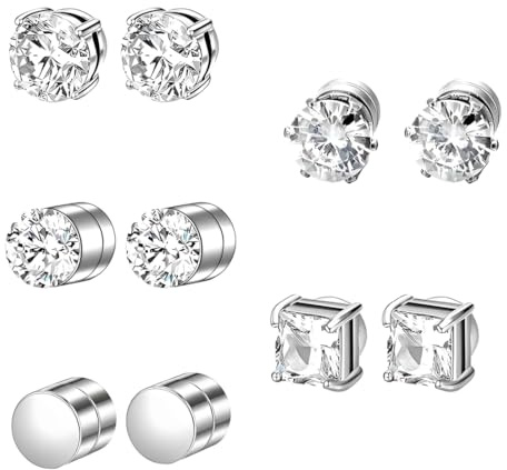 OHREN 5 pares pendientes magnéticos, sin perforación necesaria, para hombre y mujer, pendientes magnéticos de imán, 6 mm (Plata)