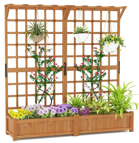 GOPLUS Pflanzkasten mit Rankgitter, Blumenkasten mit Ablauflöchern & Spalier, Gartenbeet Pflanzkübel Rankgitter Rankhilfe für Garten & Balkon (180 x 48 x 183 cm)