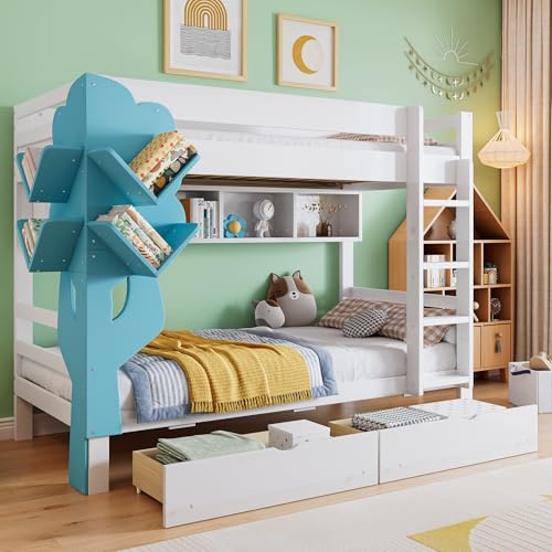 Rtopsu Letto a Castello per Bambini 90x200 cm con Libreria a Forma di Albero e Protezione Anticaduta, Letto a Soppalco con Scala e Contenitore, Letti con Rete a Doghe, Bianco+Blu, Senza Materasso