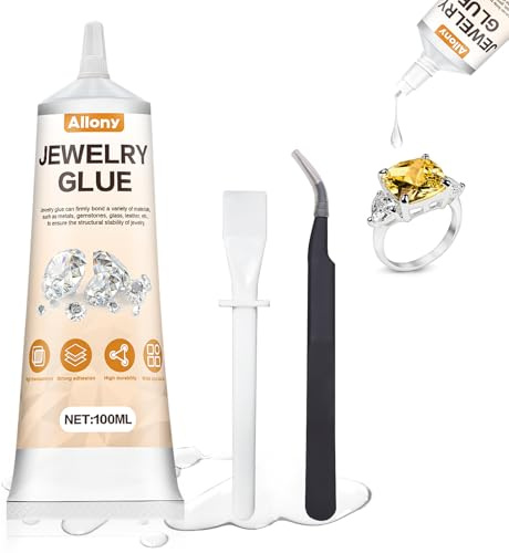 Allony Schmuckkleber, Schmucksteinkleber, Schmuckkleber Transparent, Schmuckkleber Extra Stark Transparent, Rhinestone Gluezum Verkleben für Schmuck Juwelen Glas Pailletten - 100ML