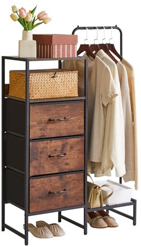 Aibiju Chest of Drawers Bedroom with 3 Fabric Drawers, Fabric Dresser with Shelf, Coat Hanger with Shoe Shelf & Shelves for Bedroom, Living Room, Hallway, Office, Rustic Brown YD-TM081H