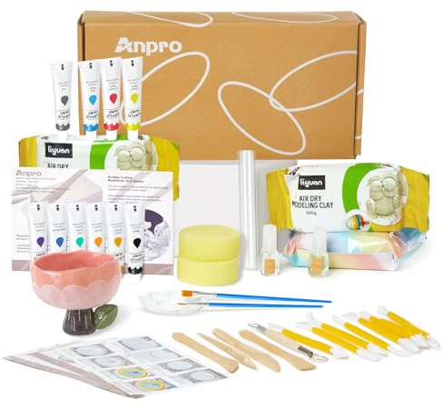 Anpro Air Dry Clay for Adults,39 PCS Pottery Kit,4 * 500g Clay Kit with Matte Varnish,Paint,Tool Set,Paintbrushes,Sponge