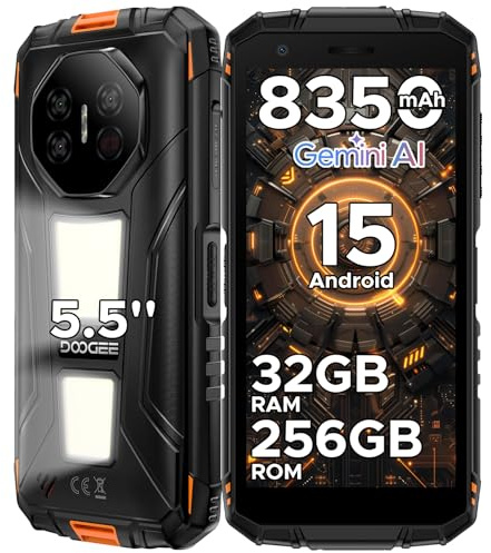 DOOGEE Fire3 MAX Telefono Movil Irrompible Android 15, Movil Indestructible 8350mAh, 32GB RAM+256GB ROM/2TB, 5.5 HD, Gemini AI, Cámara 48MP+20MP+8MP, IP68IP69K/1200LM Luz de Camping Smartphone/NFC