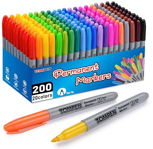 TOMPEN Permanent Markers Fine Tip 200 Pack Bulk,20 Assorted Colors,Waterproof Permanent Marker with Quick Drying on Easter Eggs,Wood,Plastic,Paper,Metal,Mirror for Gifts Office School Classroom