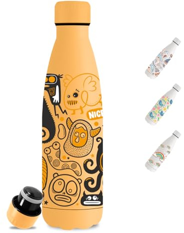 Borraccia Termica, 0.5l Borraccia Bambini, Senza BPA, Borraccie Acciaio Inox, Senza Perdite, Borracce Termiche, Acciaio Inossidabile 18/8, per Scuole, Ufficio, Viaggio, Campeggio