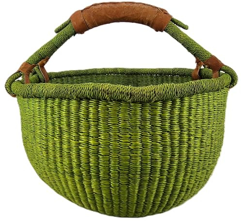 Cesta Redonda Bolga Mediana aprox. Ø 30 x 30 cm – Hecha a Mano en Ghana – Comercio Justo – Cesta de Compra con Asa de Cuero – Verde