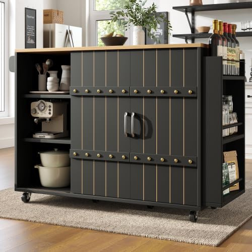 kozamas Carrello da cucina con ante scorrevoli e piano di lavoro pieghevole, nero, 3 cassetti, portaspezie e porta asciugamani, 110 x 42 (70 x 90 cm, 4 rotoli
