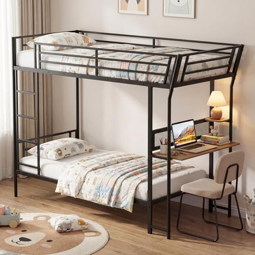 COSTWAY Lit Superposé Enfants 90x200 cm avec Bureau, Lit Mezzanine en Métal avec Garde-Corps et Échelle Incluses, Pas de Sommier Nécessaire, Idéal pour Appartements et Petits Espaces, Noir