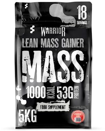 Warrior Mass Protein Powder – 5.04kg – Serious Mass Gainer – High Calorie, Weight Gain Supplement – 61g of Protein, 18 Servings, 1000+ Calories Shake, Supports Muscle Growth (Strawberry Crème, 5kg)
