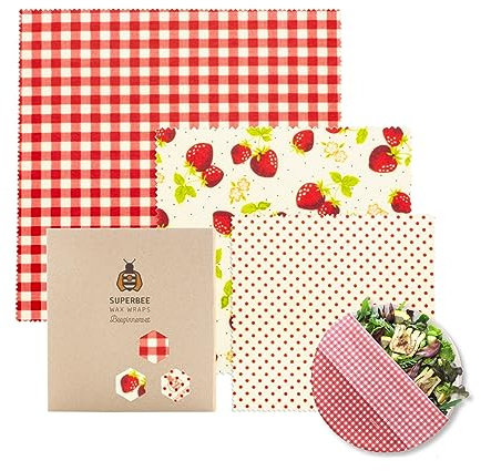 SUPERBEE Beeswax Wrap for Food, Set of 3 Bees Wax Wraps, Reusable Bees Wrap Paper for Wrapping Vegetables, Cheese Paper, Bowl Covers and Sandwich Wrapping Paper, Beeswax Food Wraps Size S/M/L