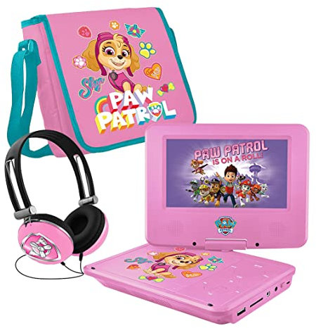 PAW Patrol 7 Portable DVD Player with Matching Headphones and Carrying Bag, Compatible with CDs, DVDs, USB and SD Card, Swivel Screen, (NKPDVD701SK)