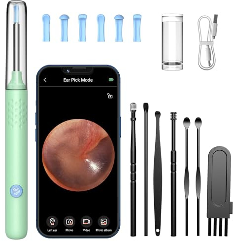 LMECHN Otoscopio 1080P 3.5mm Endoscopio Impermeable, Oidos Limpieza con 6 Luces LED, Cámara de Oído para iOS y Android Smartphones(Verde)