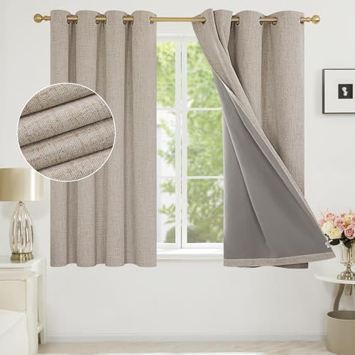 Deconovo 100% Blackout Thermal Curtains with Coating, Faux Linen Energy Saving Room Darkening Eyelet Curtains fot Kids Room, 46 x 54 Inch(Width x Length), Taupe, One Pair