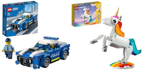 LEGO 60312 City Police Car Toy for Kids 5 plus Years Old with Officer Minifigure, Small Gift Idea & 31140 Creator Unicorno Magico con Arcobaleno, Set 3 in 1 con Fantastici Animali