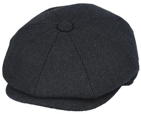 Mens Herringbone Wool Blend Newsboy Flat Cap Traditional Gatsby 8 Panel Peak Hat [WN2161-BLACK-S] Dark Charcoal