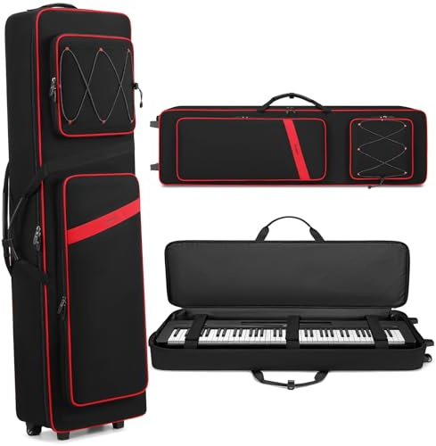BOSSTIN 88 Key Keyboard Case with Wheels, Inner Size: 53x 15x 7, Waterproof Padded Rolling Gig Bag Keyboard Piano Case for 88 Key Piano Keyboard (Red)