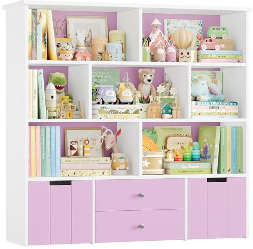 FOREHILL Libreria Montessoriana per Bambini, Scaffale Portagiochi Bambini a 7 Scomparti Aperti, 2 Cassetti con Ruote Girevoli a 360°, 2 Cassetti Estraibili, 125x33x120cm (Lilla)