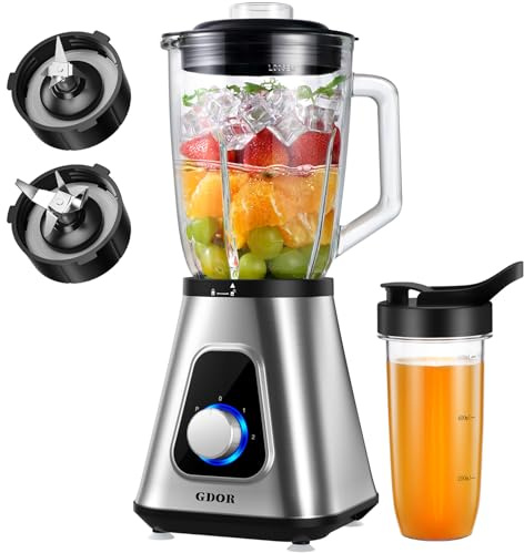 GDOR 1200W Standmixer Glas 2-1 Mixer Smoothie Maker mit 1,5L Glaskrug und 650ml Reisebecher 3 Geschwindigkeiten Hochleistungsmixer Professionell Blender für Smoothies Shakes Gefrorene Getränke Saucen