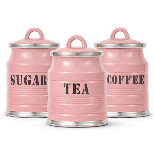 Home Harbour Ashbury Collection Set of 3 Tea Coffee Sugar Canisters | Ceramic Kitchen Storage Jars with Airtight Loop Lids | Countertop Organiser Classic British Chrome Gloss Finish, 0.9L (Pink)