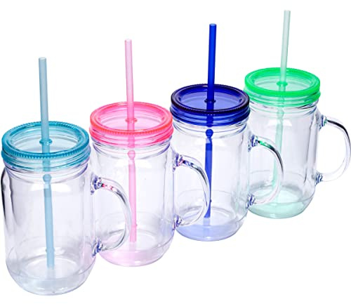 Zephyr Goods Plastic Mason Jars with Handles, Lids and Straws | 20 oz Double Insulated Tumbler with Straw | Set of 4 | Wide Mouth Mason Jar Mugs | Cups for Kids and Adults…