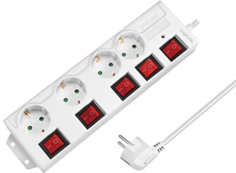 LogiLink LPS252 - 4-fach Steckdosenleiste (CEE 7/3), mit 5x Ein/Aus Schalter, mit Überspannungsschutz + mit eingebautem safety shutter (erhöhter Berührungsschutz), Farbe: Weiß
