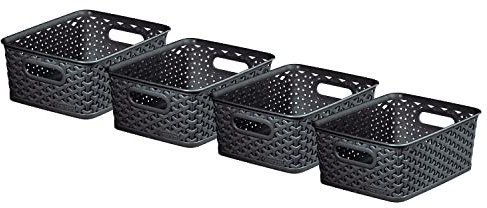 Curver My Style Aufbewahrungskörbe, Rattan-Effekt, 4 Stück, für Küche, Wohnzimmer, Badezimmer, Schlafzimmer, Allzweck, klein, rechteckig, Kunststoff, 4 l, Anthrazit, Dunkelgrau