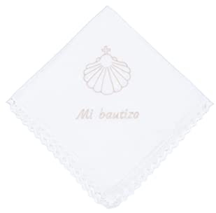 CARREDANA Pañuelo de bautizo de lino bordado en una esquina.Cuadrado 36x36cm.Distintos colores. Toalla bautizo-Regalo (Concha beige)