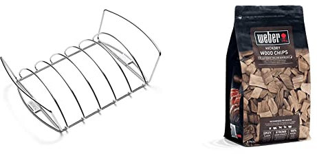 Weber 6469 Original Rib and Roast Holder & 17624 Räucherchips Hickory 700g, Räuchern, Aroma, Grillen, Braun, 17.8x8.9x30.5 cm