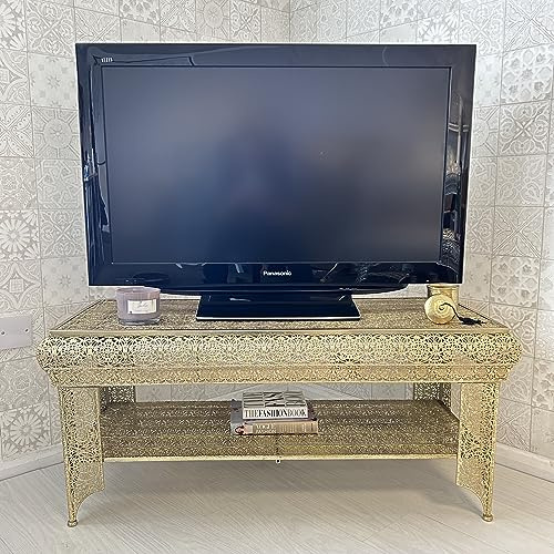 DOWNTON INTERIORS Antique Gold Moroccan Style Embossed Metal TV Unit Television Stand (GZ427) Part of the AGADIR Collection