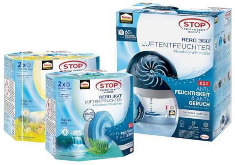 Pattex AERO 360º Luftentfeuchter, 1 Gerät inkl. 1 Nachfülltab (450g) & Pattex AERO 360° Waldblumenwiese Nachfüllpack, 2x450g & Frischer Wasserfall Nachfüllpack, 2x450g