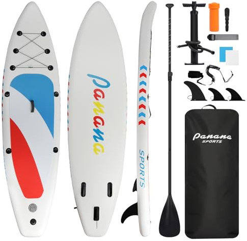 Panana Paddle Gonflable, 325cm Stand Up Paddle Board avec Accessoires Complets, Pagaie Réglable, Pompe, Sac à Dos, 3 Ailerons & Leash, Sup Stable pour Adultes Débutants Jusqu'à 200 kg