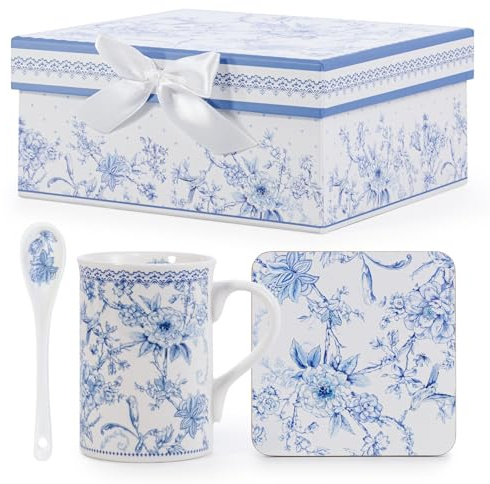 EHC Porcelain Orchid Design Tea/Coffee Mug with Spoon & Coaster Set, Microwave Safe, Oven Safe, Dishwasher Safe, Gift Boxed, 320ml - Ideal for Tea, Coffee, Latte, Hot Chocolate, Gifts and More