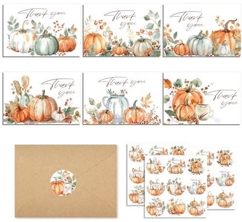 CC HOME Biglietti di ringraziamento autunnali con buste, set da 24 pezzi, acquerello, autunno, zucca, biglietti di ringraziamento con busta, adesivi per il giorno del Ringraziamento, biglietti di