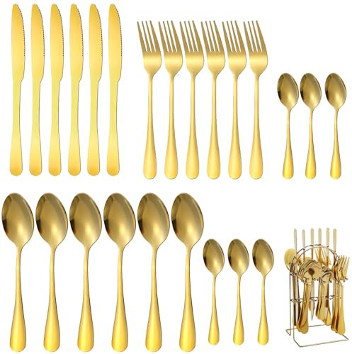 24 Pezzi Posate Oro Acciaio Inox con Ripiano, Set Coltelli Forchette e Cucchiai 6 Persone Lavabile Lavastoviglie & Lucidato a Specchio, Forniture Tavola Moderne per Feste Matrimonio, Cucina Domestica
